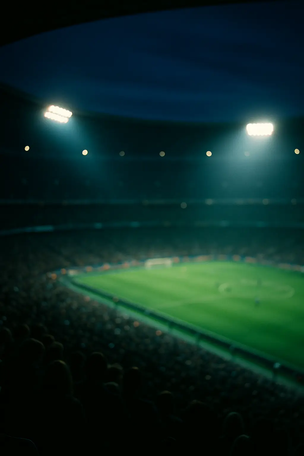 Floodlit football stadium at night, seen from the upper stands